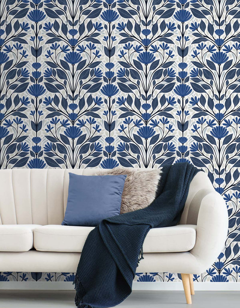 media image for Folk Floral Peel-and-Stick Wallpaper in Blue Sapphire & Pavestone 249
