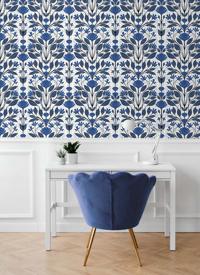 product image for Folk Floral Peel-and-Stick Wallpaper in Blue Sapphire & Pavestone 7