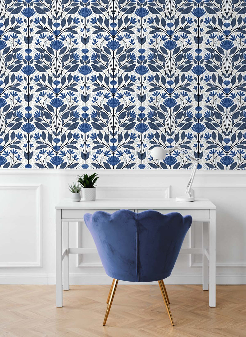 media image for Folk Floral Peel-and-Stick Wallpaper in Blue Sapphire & Pavestone 279