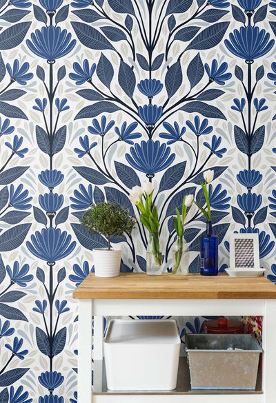 product image for Folk Floral Peel-and-Stick Wallpaper in Blue Sapphire & Pavestone 34