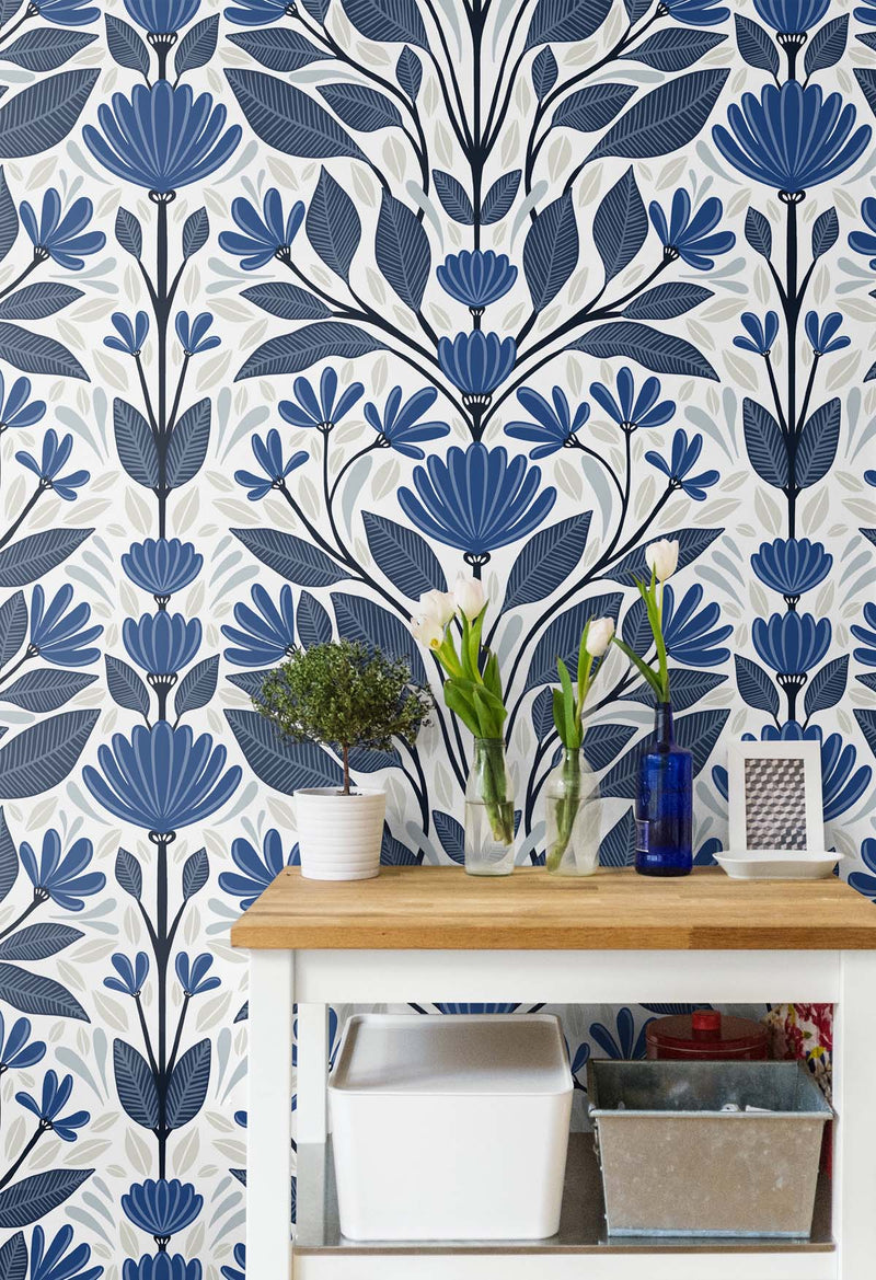 media image for Folk Floral Peel-and-Stick Wallpaper in Blue Sapphire & Pavestone 269