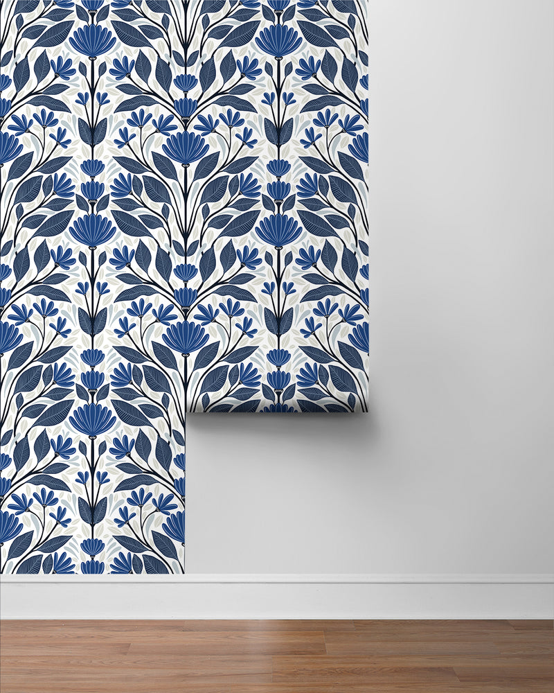 media image for Folk Floral Peel-and-Stick Wallpaper in Blue Sapphire & Pavestone 299