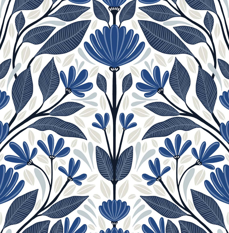 media image for Folk Floral Peel-and-Stick Wallpaper in Blue Sapphire & Pavestone 216