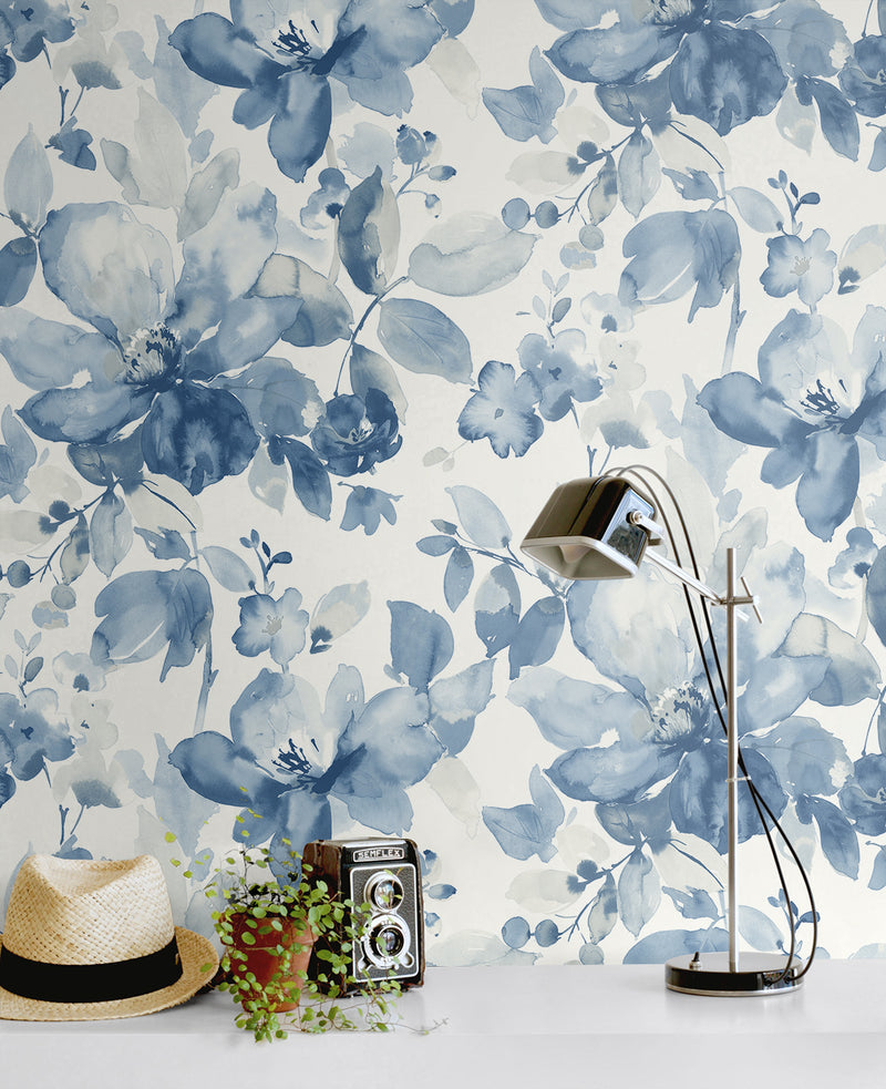 media image for Watercolor Flower Peel-and-Stick Wallpaper in Bluestone 267