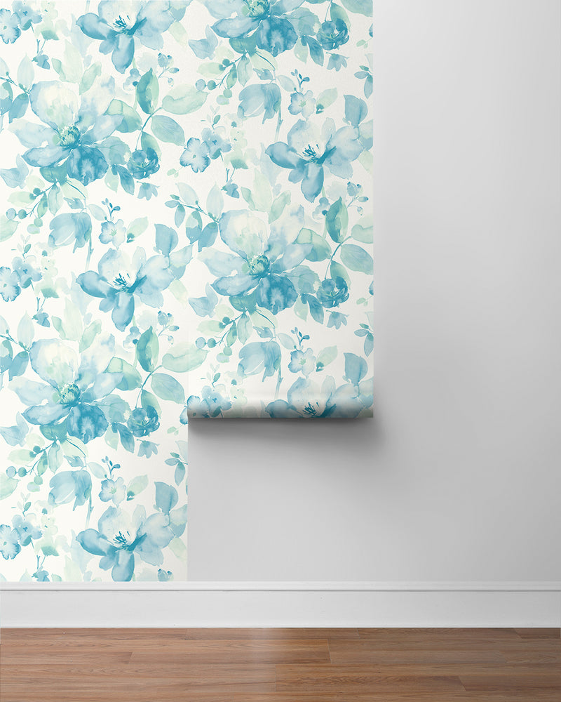 media image for Watercolor Flower Peel-and-Stick Wallpaper in Seaglass 223