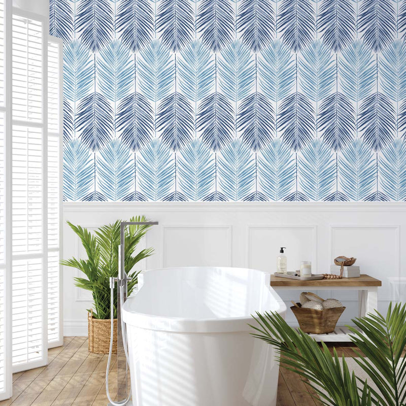 media image for Two Toned Palm Peel-and-Stick Wallpaper in Blue Lagoon 297