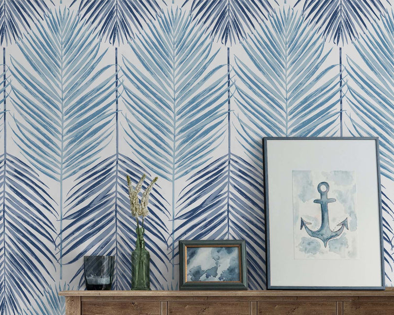 media image for Two Toned Palm Peel-and-Stick Wallpaper in Blue Lagoon 226