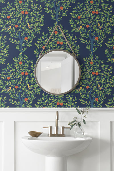 product image for Fruit Tree Peel-and-Stick Wallpaper in Navy Blue & Greenery 56