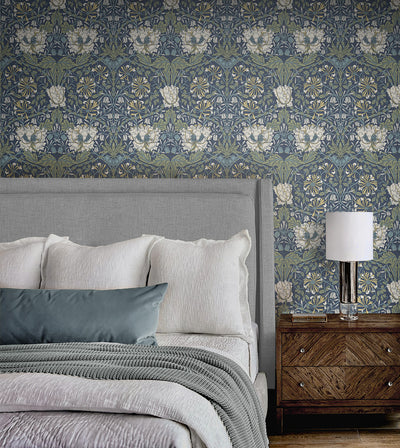 product image for Ogee Flora Peel-and-Stick Wallpaper in Indigo Dye & Sage 56
