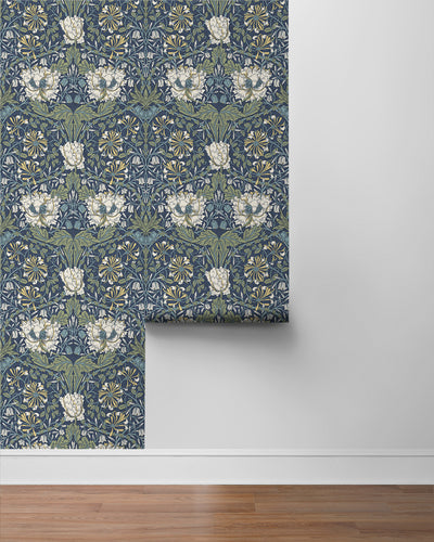 product image for Ogee Flora Peel-and-Stick Wallpaper in Indigo Dye & Sage 90