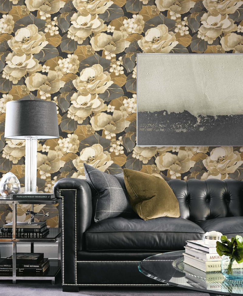 media image for Nouveau Floral Peel-and-Stick Wallpaper in Ebony & Antique Gold 290