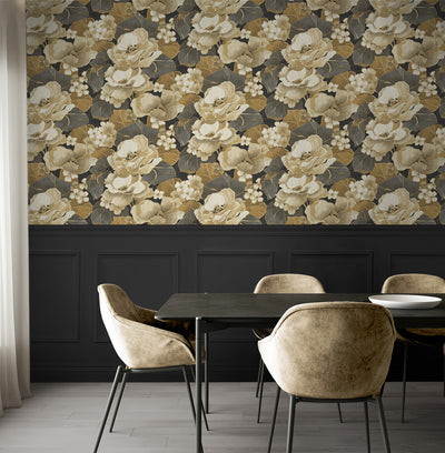 product image for Nouveau Floral Peel-and-Stick Wallpaper in Ebony & Antique Gold 71