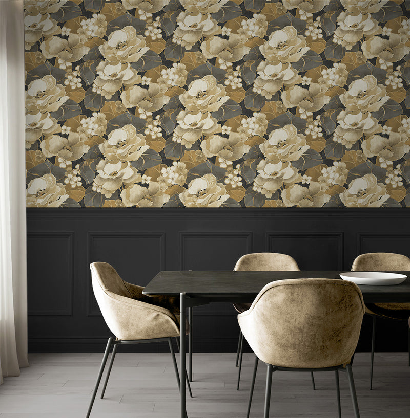 media image for Nouveau Floral Peel-and-Stick Wallpaper in Ebony & Antique Gold 214