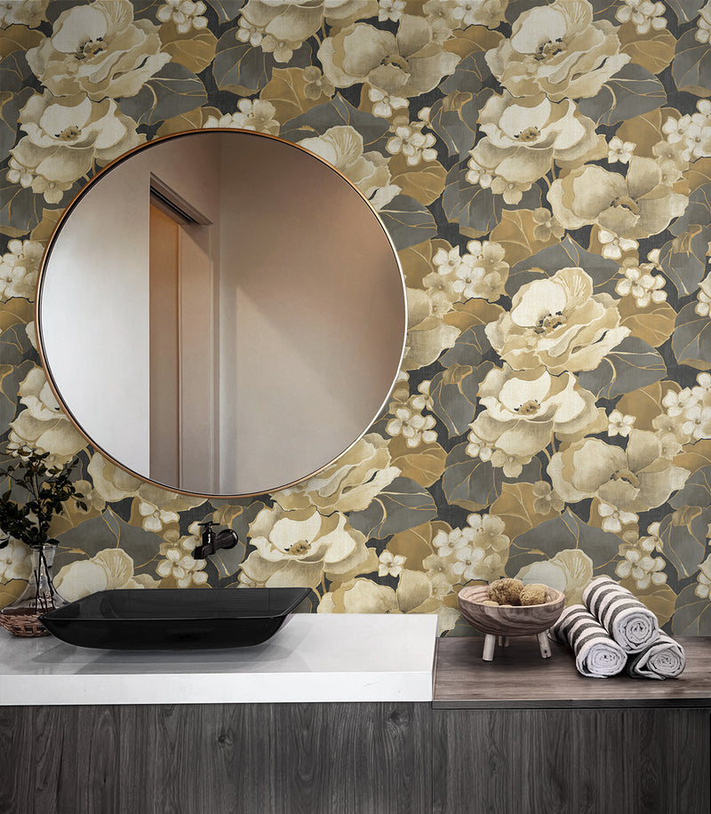 media image for Nouveau Floral Peel-and-Stick Wallpaper in Ebony & Antique Gold 276