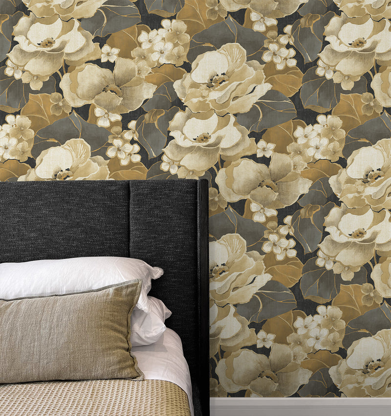 media image for Nouveau Floral Peel-and-Stick Wallpaper in Ebony & Antique Gold 215