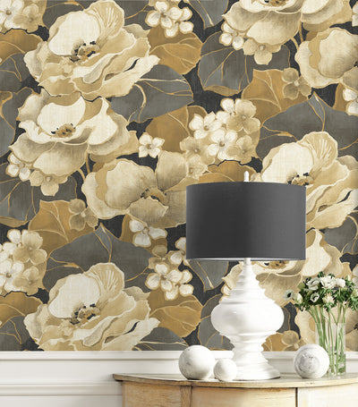 product image for Nouveau Floral Peel-and-Stick Wallpaper in Ebony & Antique Gold 1