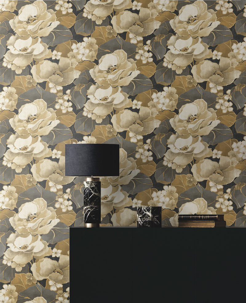 media image for Nouveau Floral Peel-and-Stick Wallpaper in Ebony & Antique Gold 272