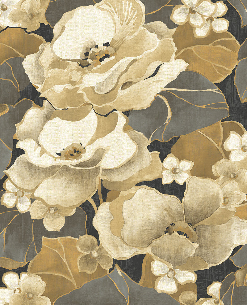 media image for Sample Nouveau Floral Peel-and-Stick Wallpaper in Ebony & Antique Gold 293