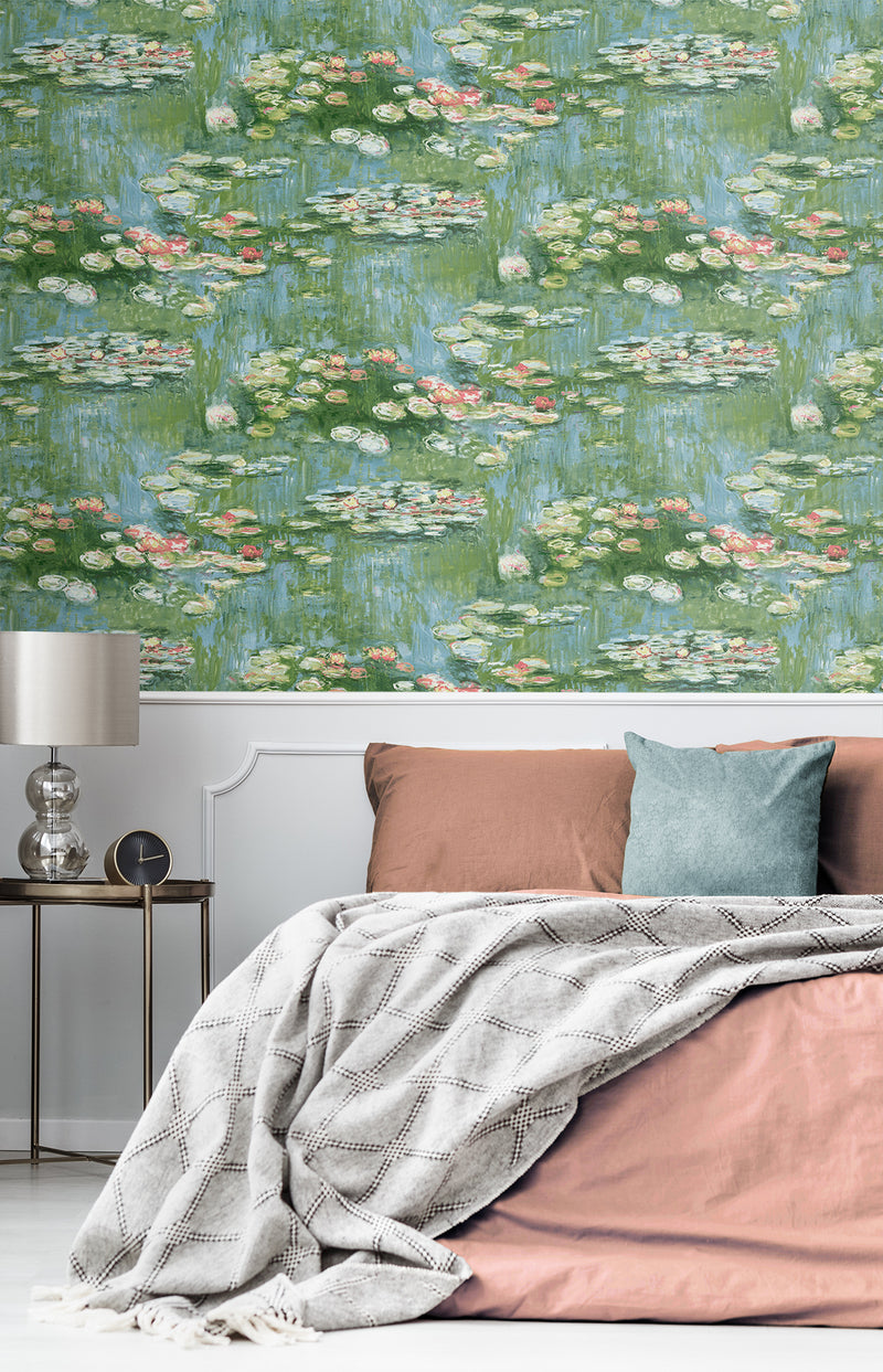 media image for Lily Pond Peel-and-Stick Wallpaper in Olive & Sky Blue 220