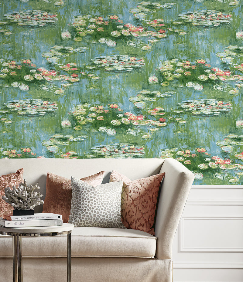 media image for Lily Pond Peel-and-Stick Wallpaper in Olive & Sky Blue 212
