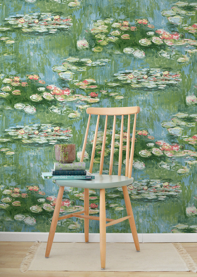 media image for Lily Pond Peel-and-Stick Wallpaper in Olive & Sky Blue 221