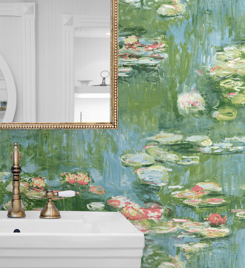 media image for Lily Pond Peel-and-Stick Wallpaper in Olive & Sky Blue 268