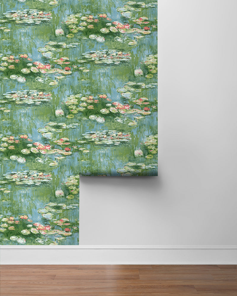 media image for Lily Pond Peel-and-Stick Wallpaper in Olive & Sky Blue 28