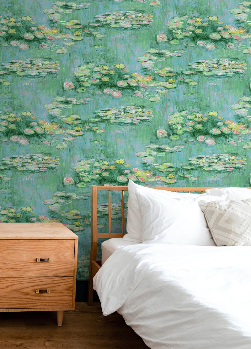 media image for Lily Pond Peel-and-Stick Wallpaper in Hunter Green & Lakeside 256