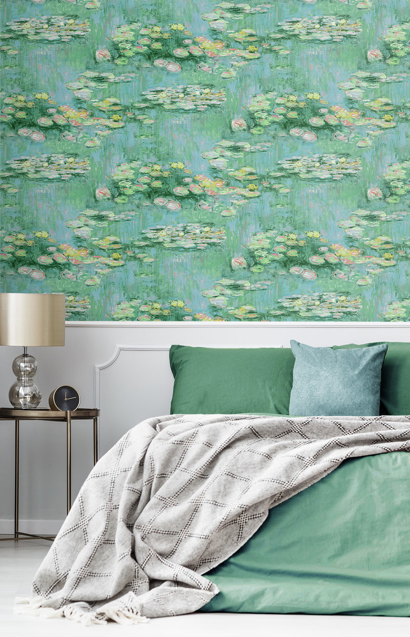 media image for Lily Pond Peel-and-Stick Wallpaper in Hunter Green & Lakeside 28