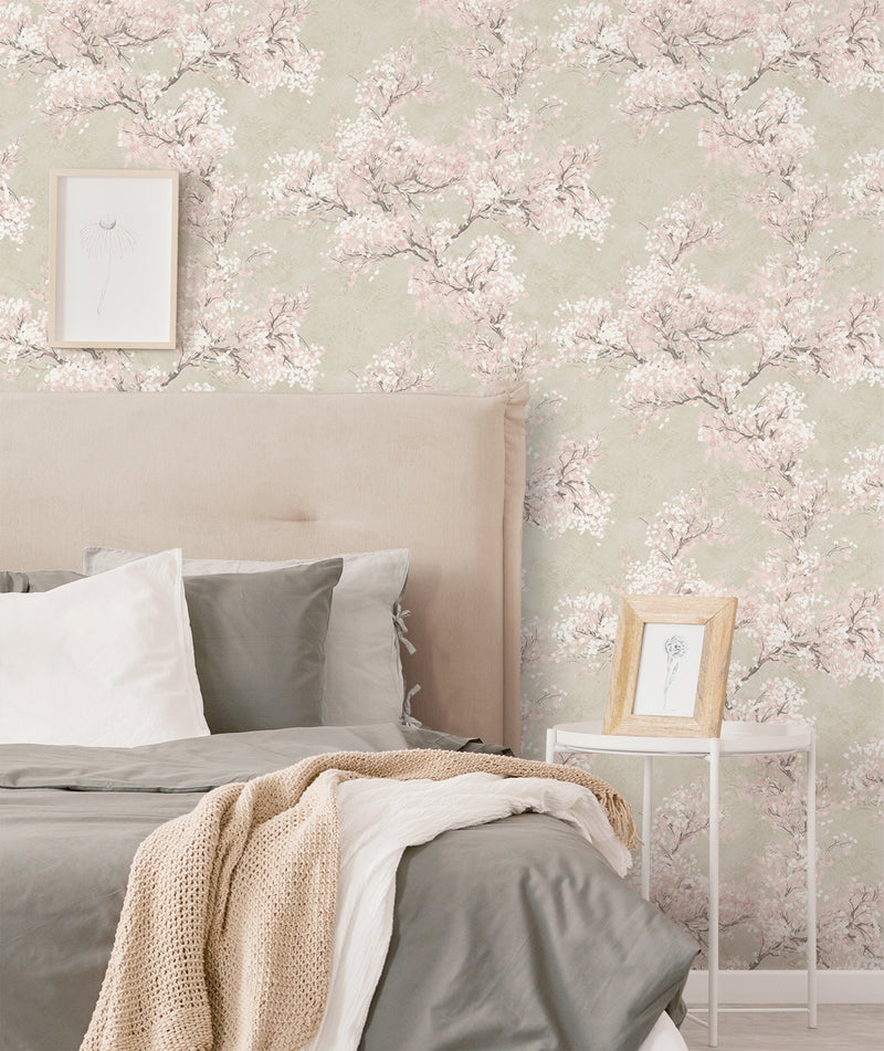 media image for Cherry Blossom Grove Peel-and-Stick Wallpaper in Parchment & Rose 271