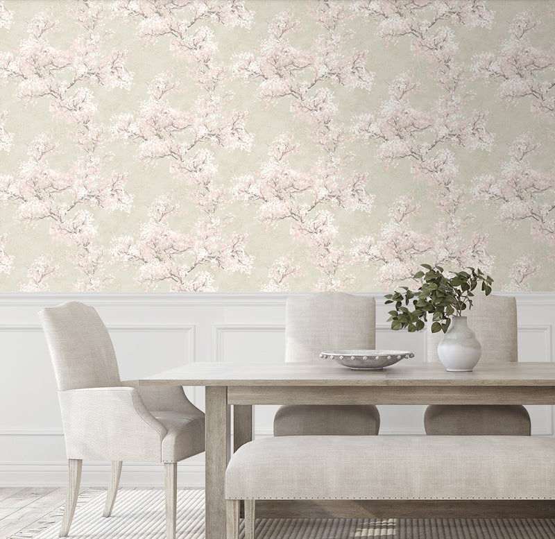 media image for Cherry Blossom Grove Peel-and-Stick Wallpaper in Parchment & Rose 286