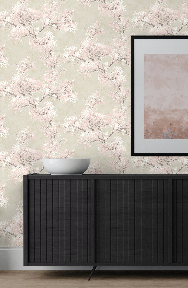 media image for Cherry Blossom Grove Peel-and-Stick Wallpaper in Parchment & Rose 212