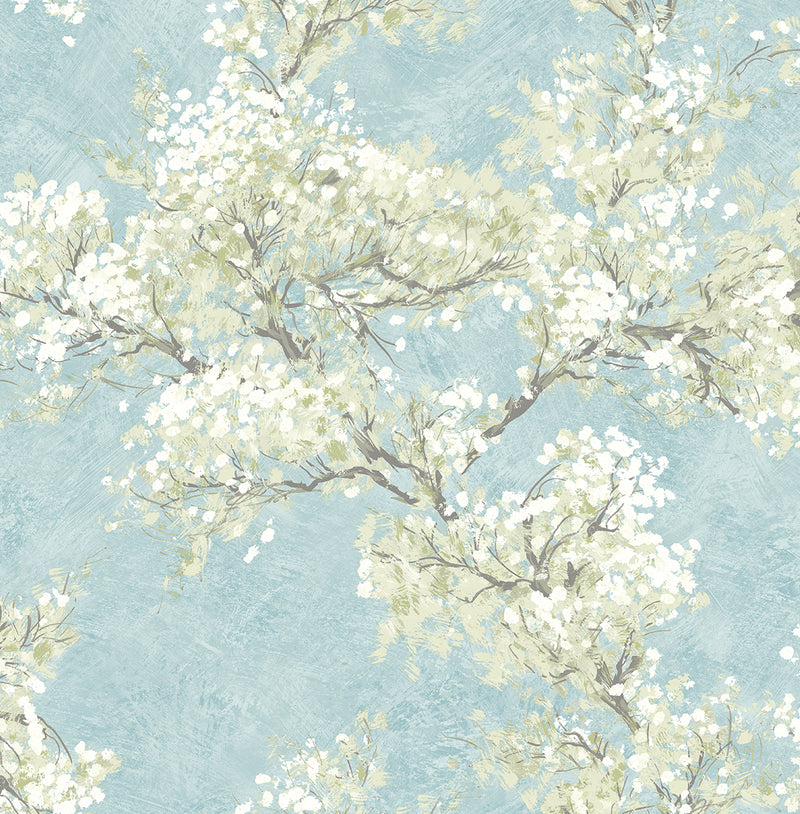 media image for Sample Cherry Blossom Grove Peel-and-Stick Wallpaper in Blue Mist & Green Tea 217