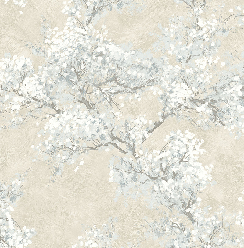 media image for Sample Cherry Blossom Grove Peel-and-Stick Wallpaper in Parchment & Morning Fog 20