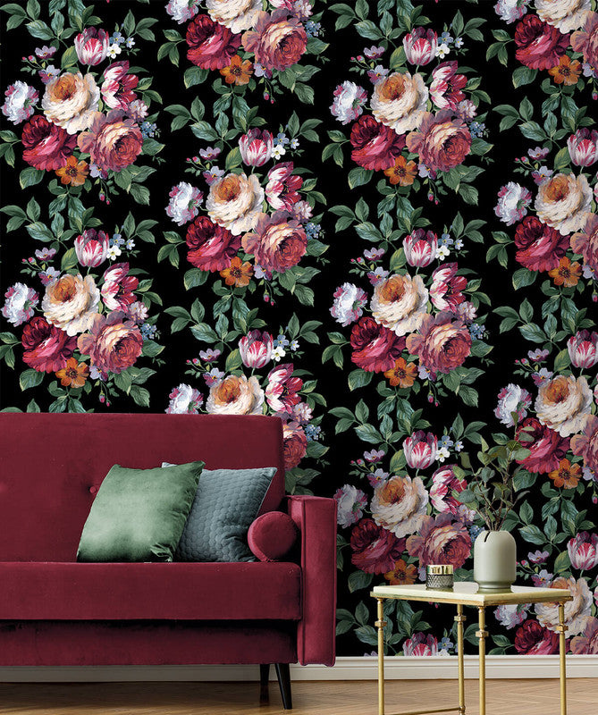 media image for Large Bouquet Peel & Stick Wallpaper in Ebony & Jewel Box 24