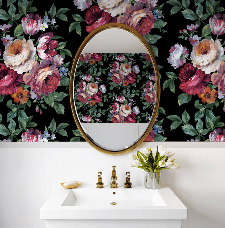 media image for Large Bouquet Peel & Stick Wallpaper in Ebony & Jewel Box 243