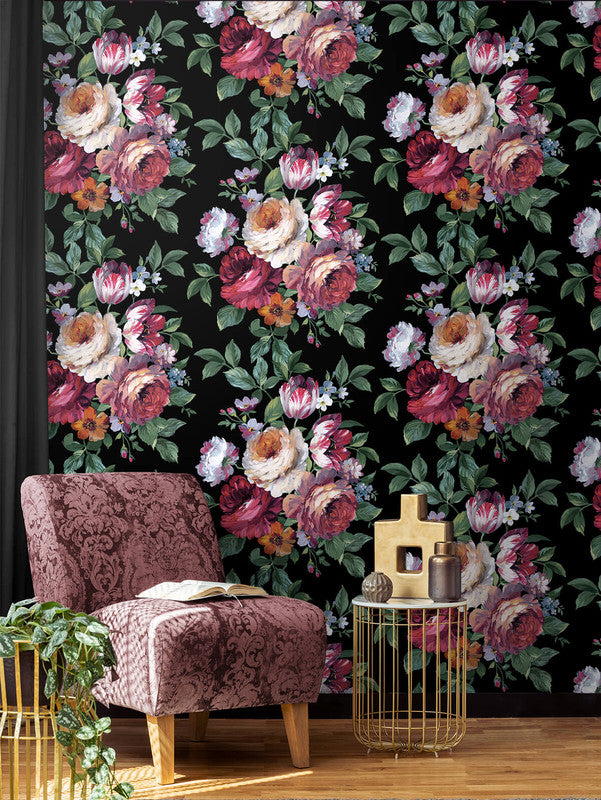 media image for Large Bouquet Peel & Stick Wallpaper in Ebony & Jewel Box 216