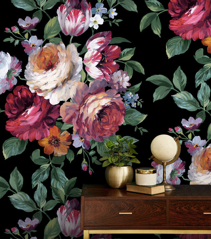 media image for Large Bouquet Peel & Stick Wallpaper in Ebony & Jewel Box 214