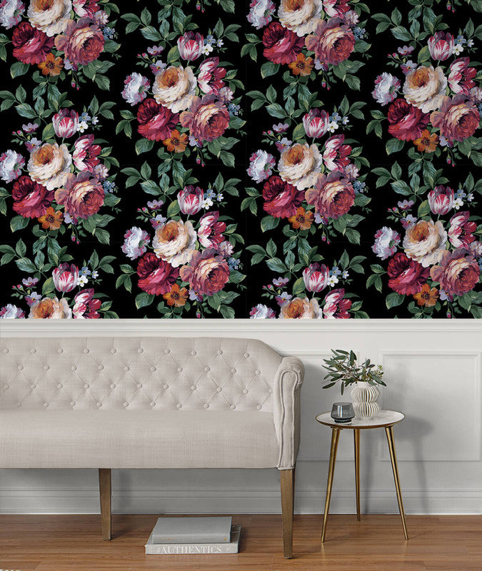 media image for Large Bouquet Peel & Stick Wallpaper in Ebony & Jewel Box 239