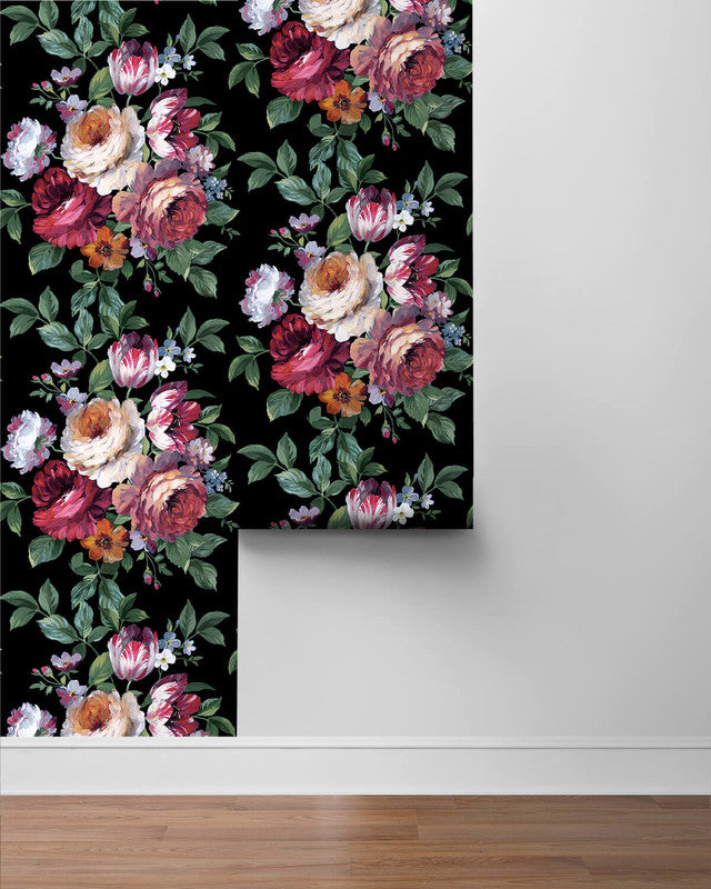 media image for Large Bouquet Peel & Stick Wallpaper in Ebony & Jewel Box 294