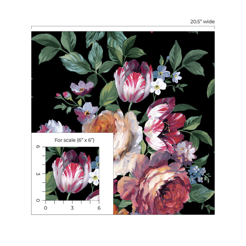 media image for Large Bouquet Peel & Stick Wallpaper in Ebony & Jewel Box 246
