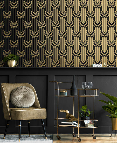product image for Deco Geometric Arches Peel & Stick Wallpaper in Ebony & Metallic Gold 61