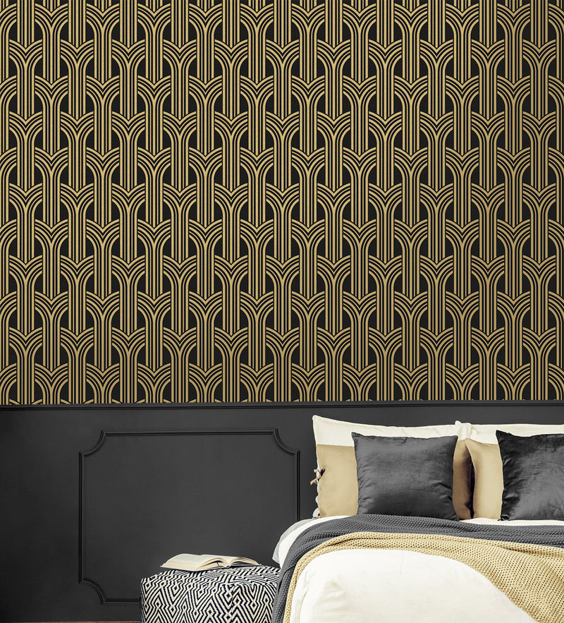 media image for Deco Geometric Arches Peel & Stick Wallpaper in Ebony & Metallic Gold 245