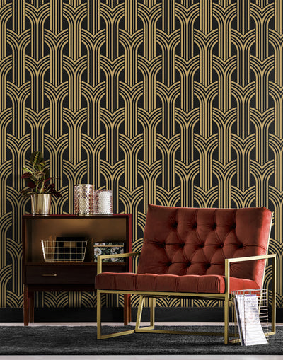 product image for Deco Geometric Arches Peel & Stick Wallpaper in Ebony & Metallic Gold 37