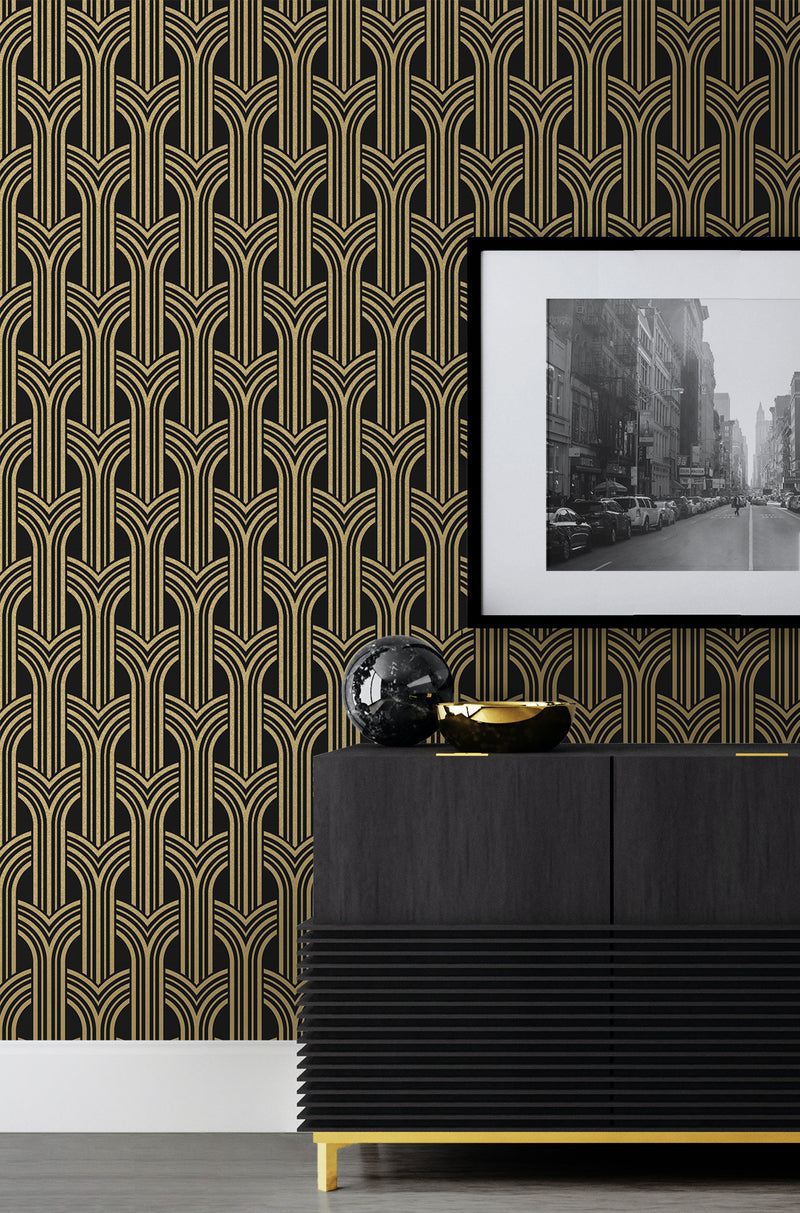 media image for Deco Geometric Arches Peel & Stick Wallpaper in Ebony & Metallic Gold 269