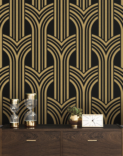 product image for Deco Geometric Arches Peel & Stick Wallpaper in Ebony & Metallic Gold 54
