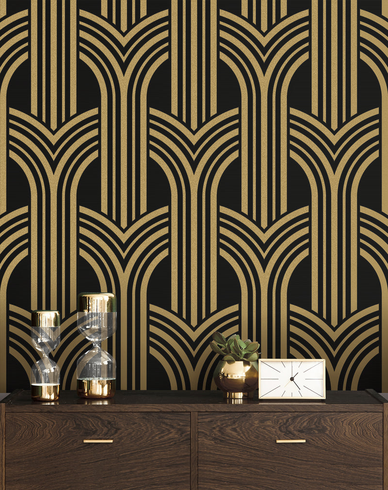 media image for Deco Geometric Arches Peel & Stick Wallpaper in Ebony & Metallic Gold 21