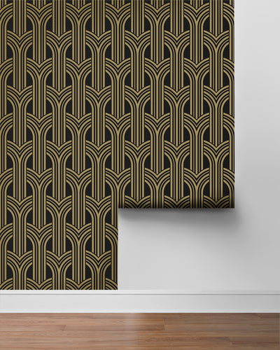 product image for Deco Geometric Arches Peel & Stick Wallpaper in Ebony & Metallic Gold 14