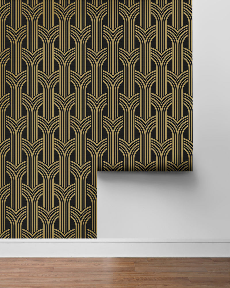 media image for Deco Geometric Arches Peel & Stick Wallpaper in Ebony & Metallic Gold 216