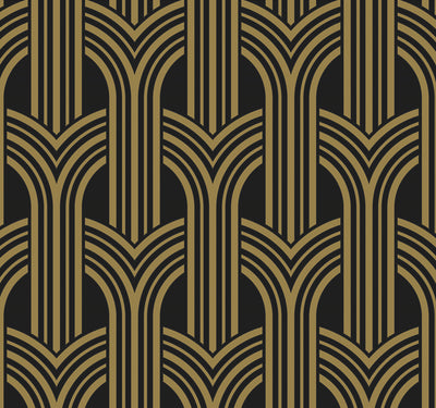 product image for Deco Geometric Arches Peel & Stick Wallpaper in Ebony & Metallic Gold 79